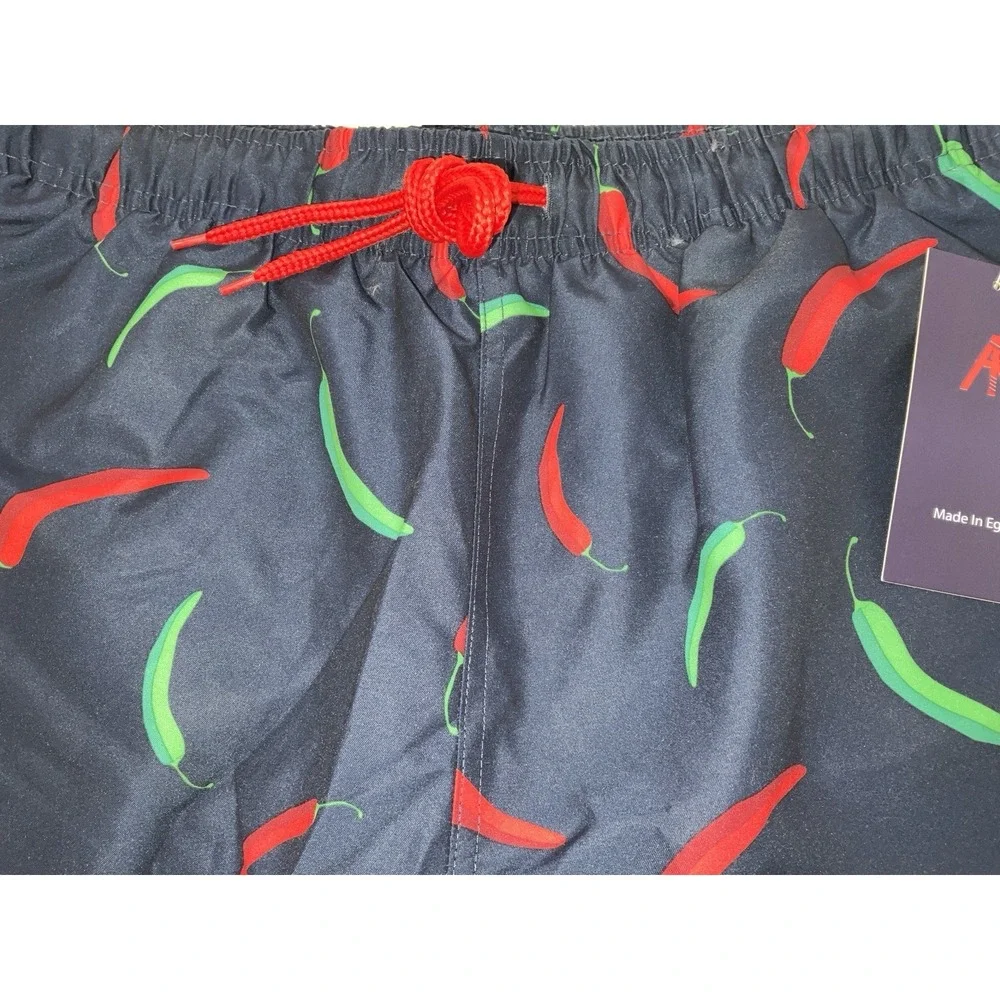 NWT Men's AK Quality Wear Lined Swim Trunks Navy Green & Red Chili Peppers‎ - M